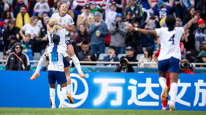 United States forward SOPHIA SMITH celebrates her goal in the first half of the 2023 FIFA Womens World Cup Group E match against Vietnam.